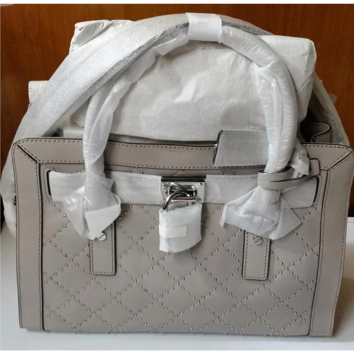 Michael Kors Hamilton Leather Micro Studded Quilted Satchel Bag Pearl Grey