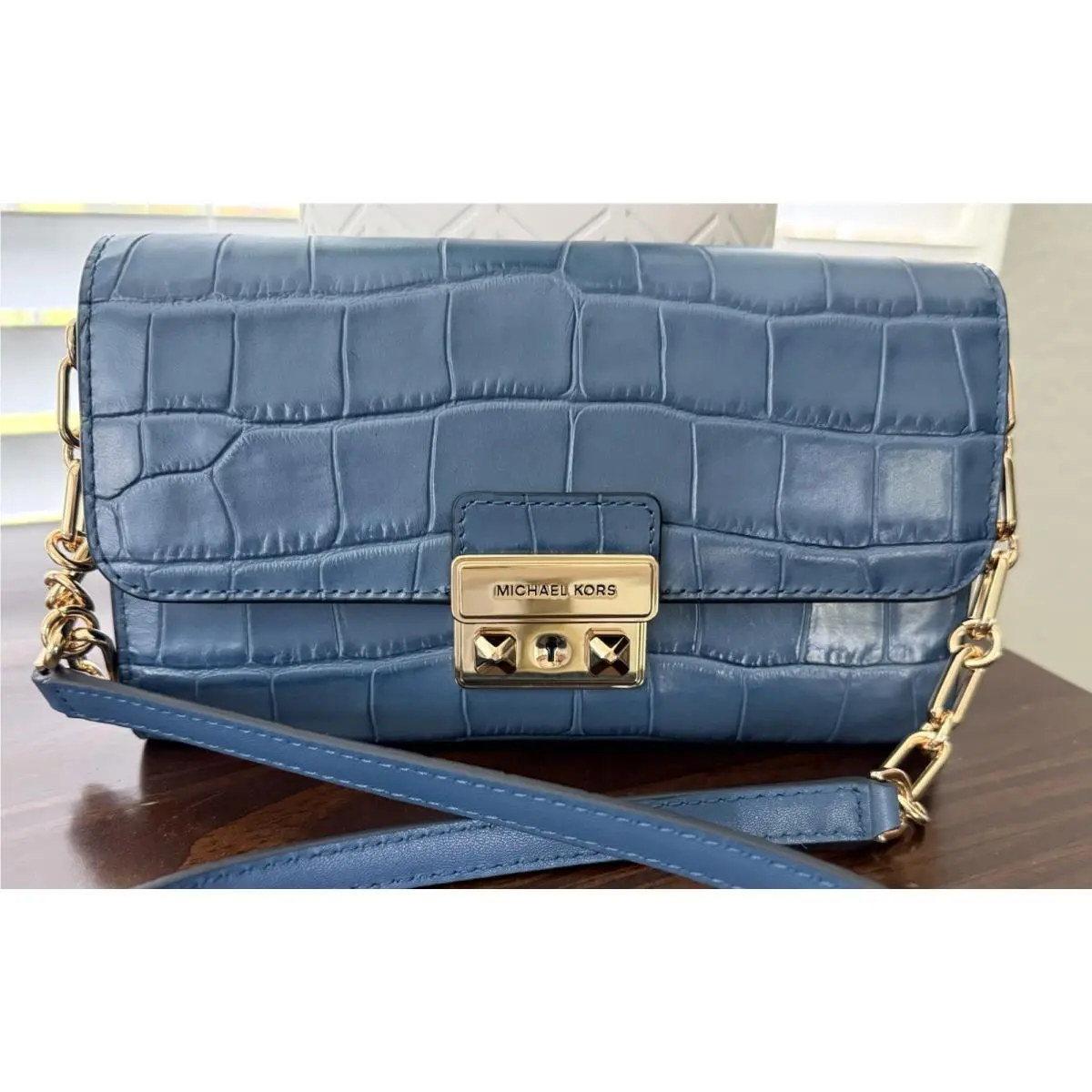 Michael Kors Tribeca Embossed Leather Large Wallet on a Chain Blue Color