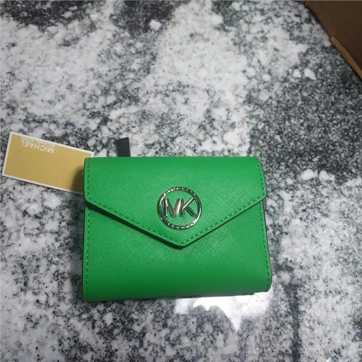 Michael Kors Greenwich Envelope Trifold Palm Green Saffiano Logo Leather Wallet