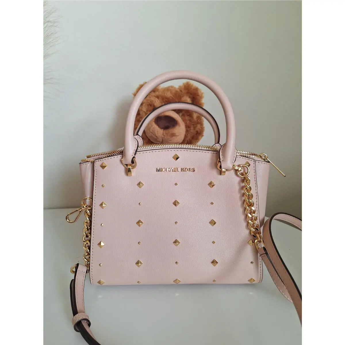 Michael Kors Ellis Tan Leather Studded Satchel Purse Handbag Tote 35H7SEOS5L