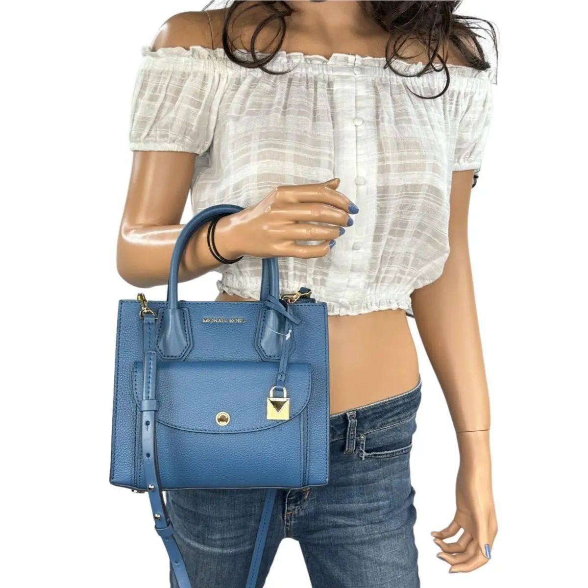 Michael Kors Mercer MD Pocket Messenger Leather Bag Dark Chambray