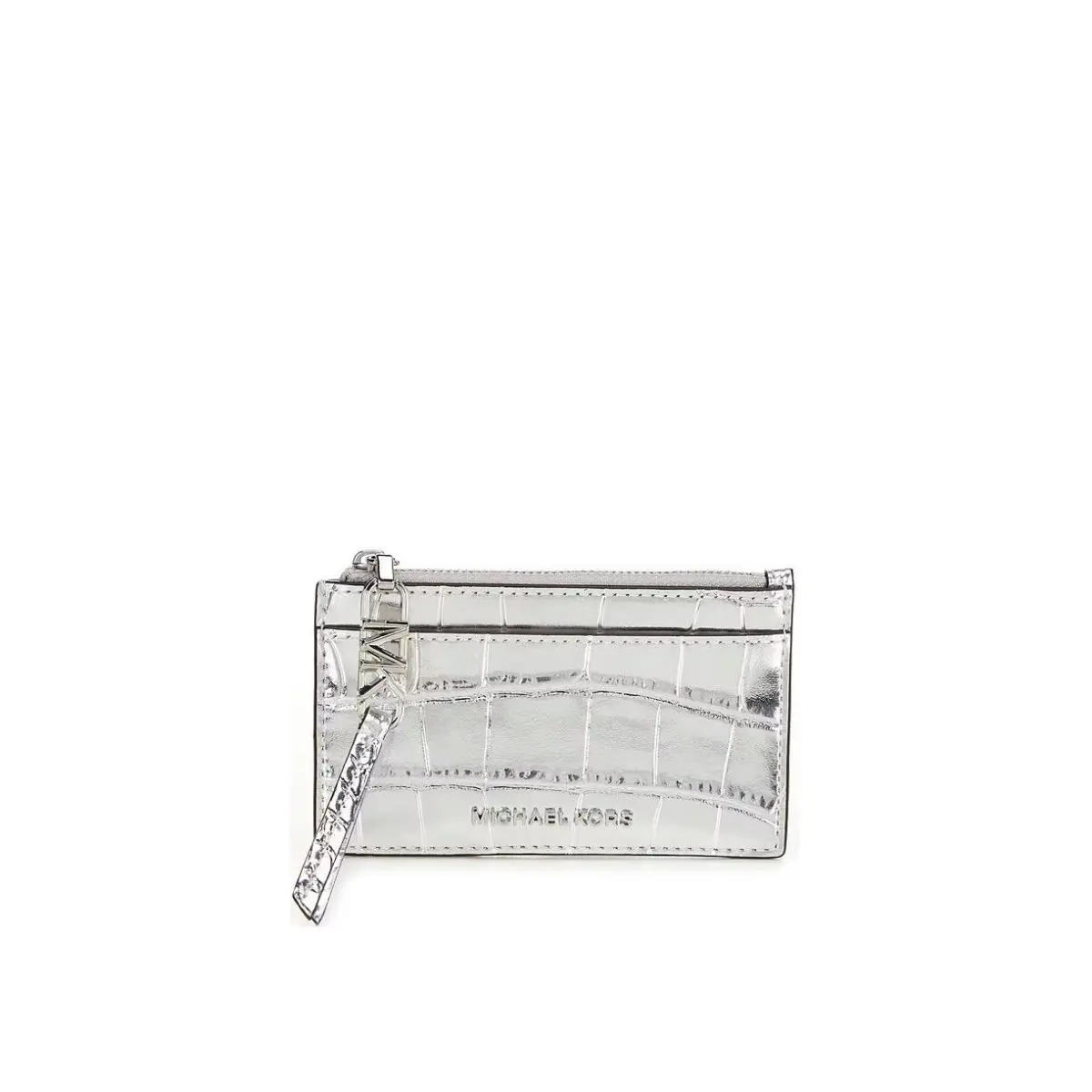 Michael Kors Empire Small Metallic Crocodile Embossed Leather Card Case Silver