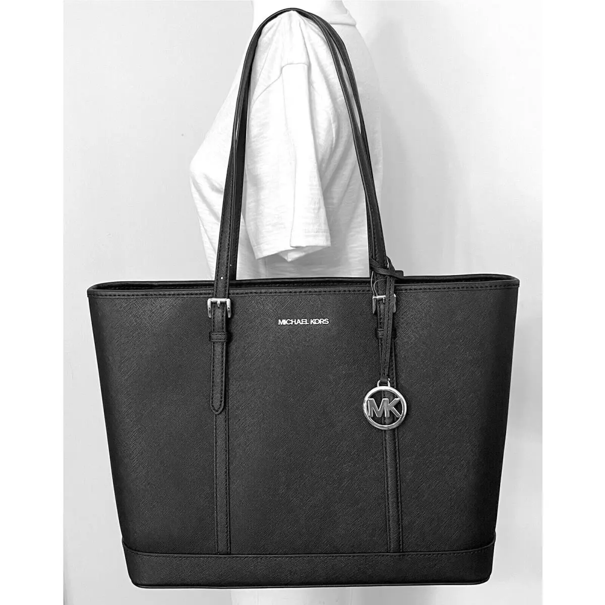 Michael Kors Jet Set Travel Large Black Silver Leather TZ Shoulder Tote Bag