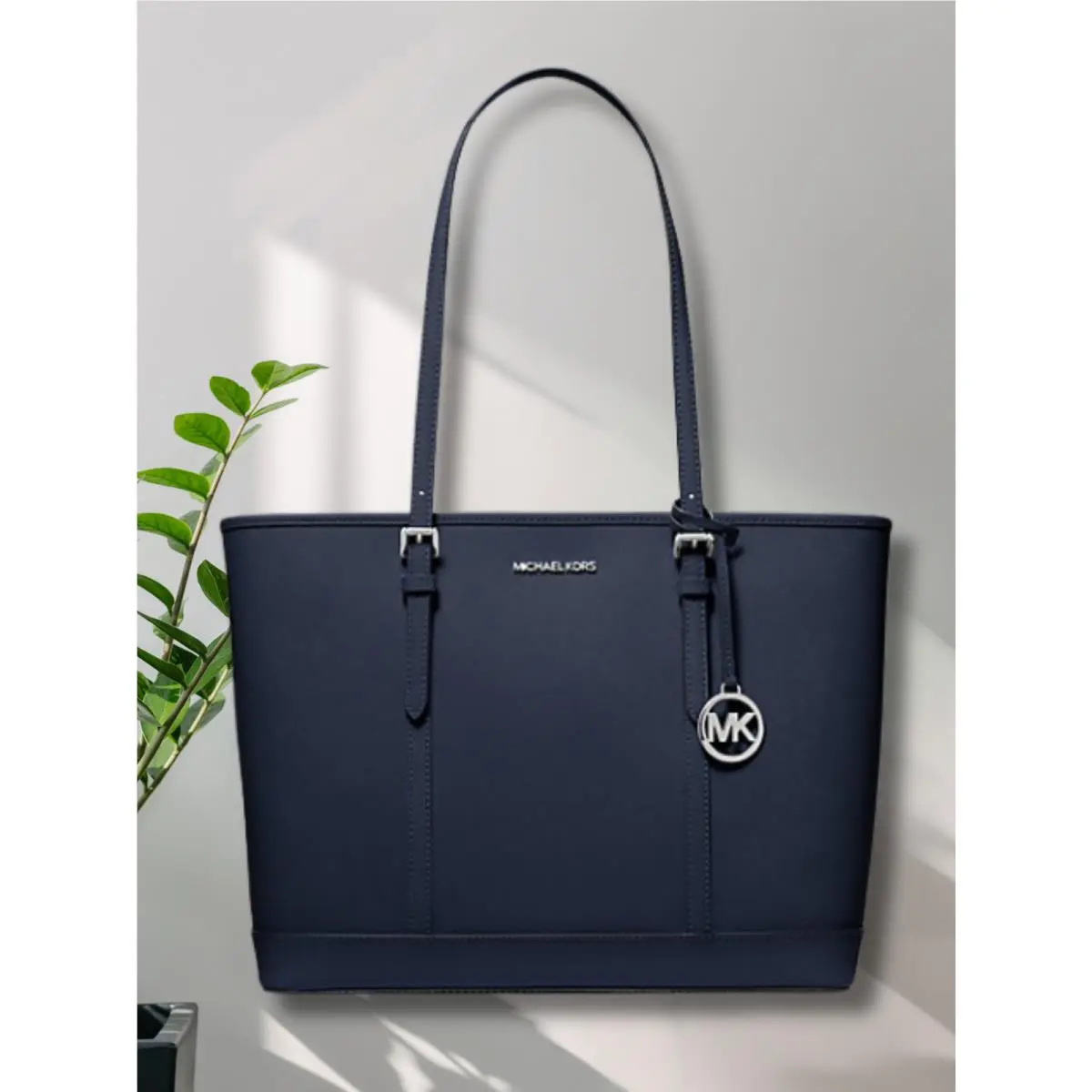 Michael Kors Large Leather Navy Blue Handbag Purse Shoulder Tote Laptop Women MK