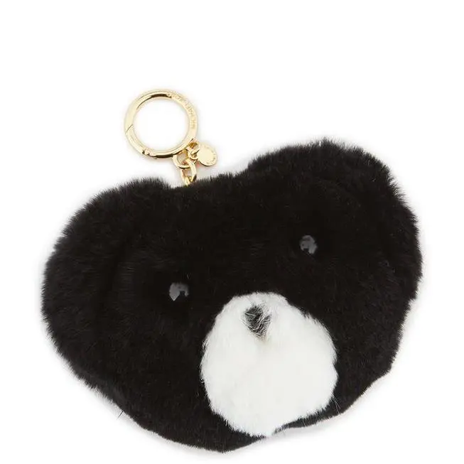 Michael Kors Gold Tone Black+white Rabbit Fur Teddy Bear Pom Pom Key Ring Fob