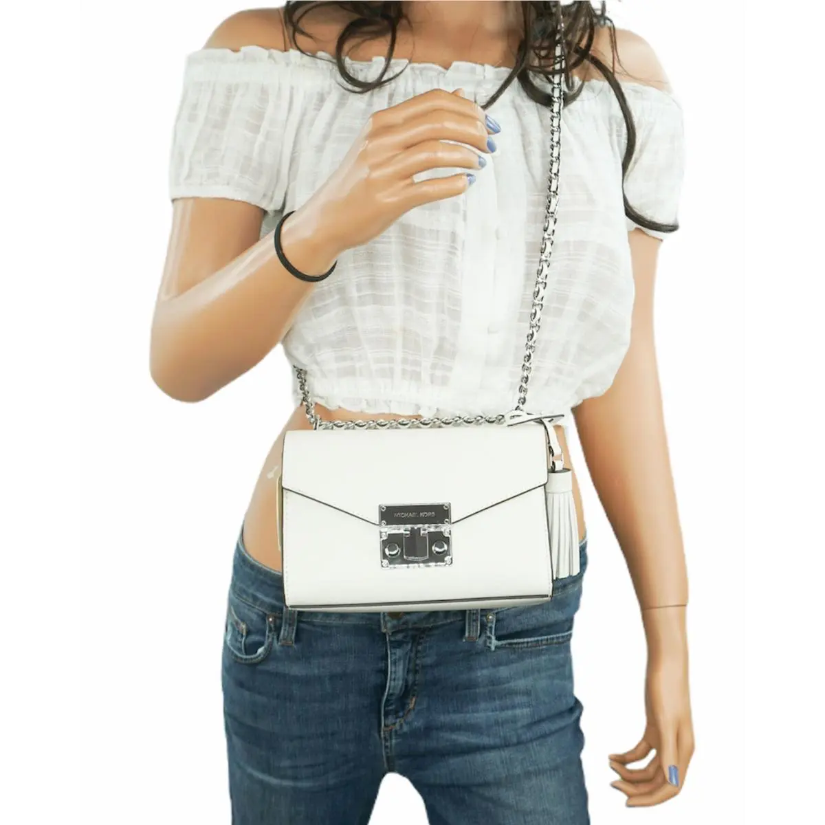 Michael Kors Rose Small Mini Shoulder Crossbody Leather Bag Optic White