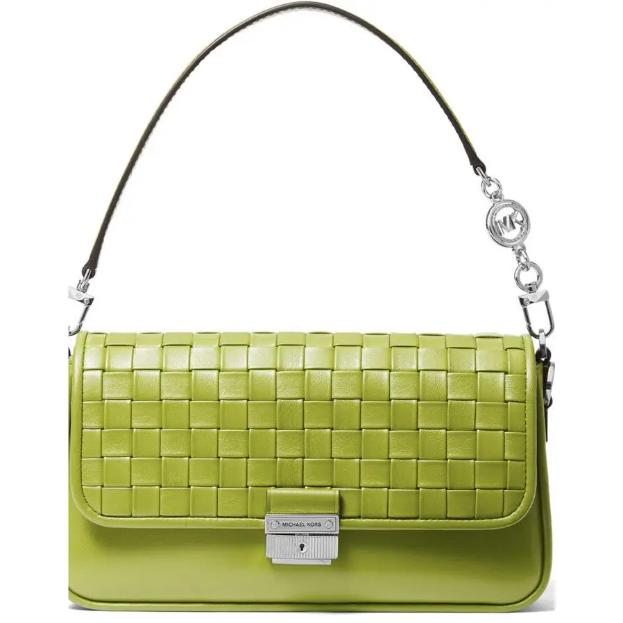 Michael Kors Bradshaw Woven Leather Convertible Shoulder Bag Lime Silver