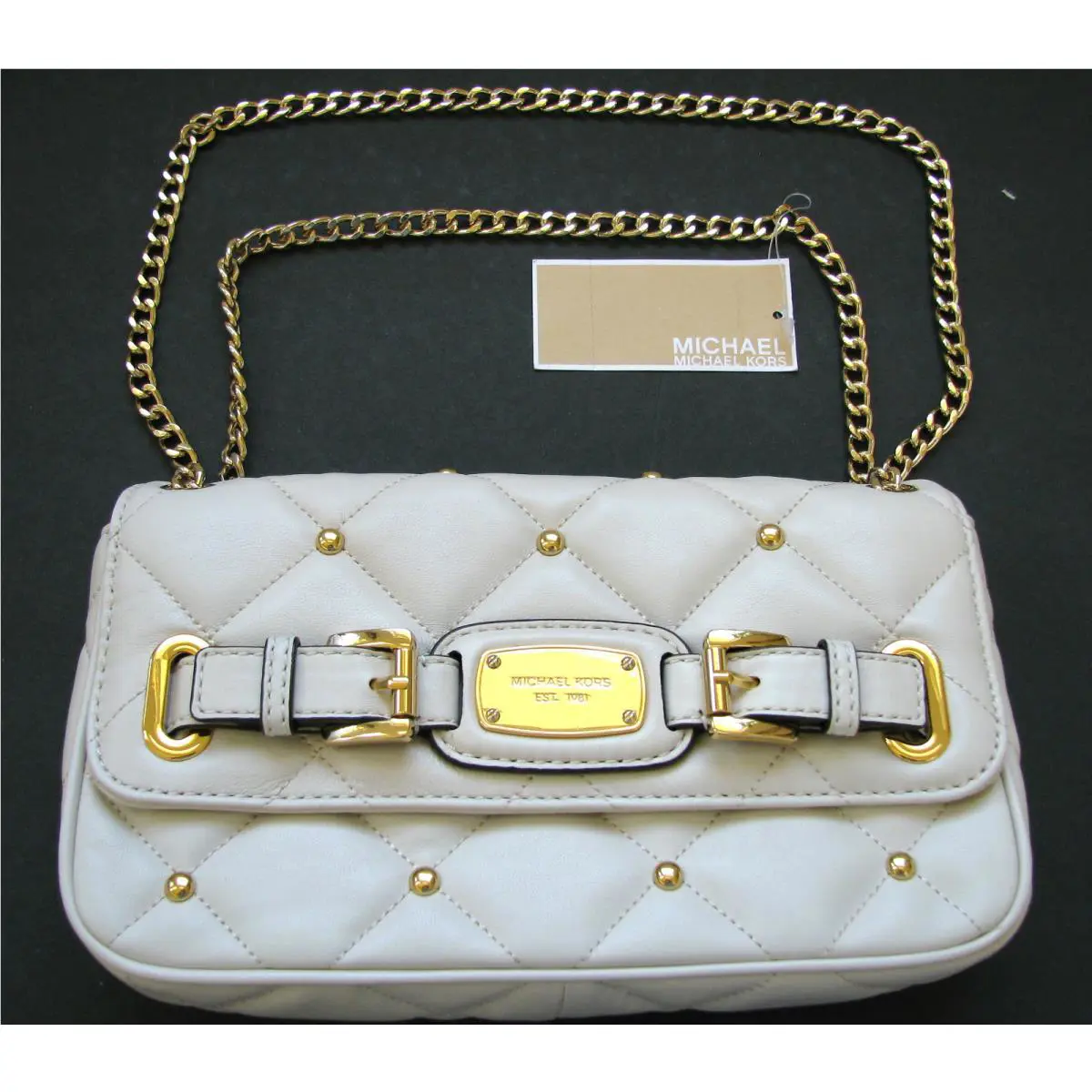 Michael Kors Hamilton Quilt Vanilla White Leather Gold Stud Clutch Hand Bag
