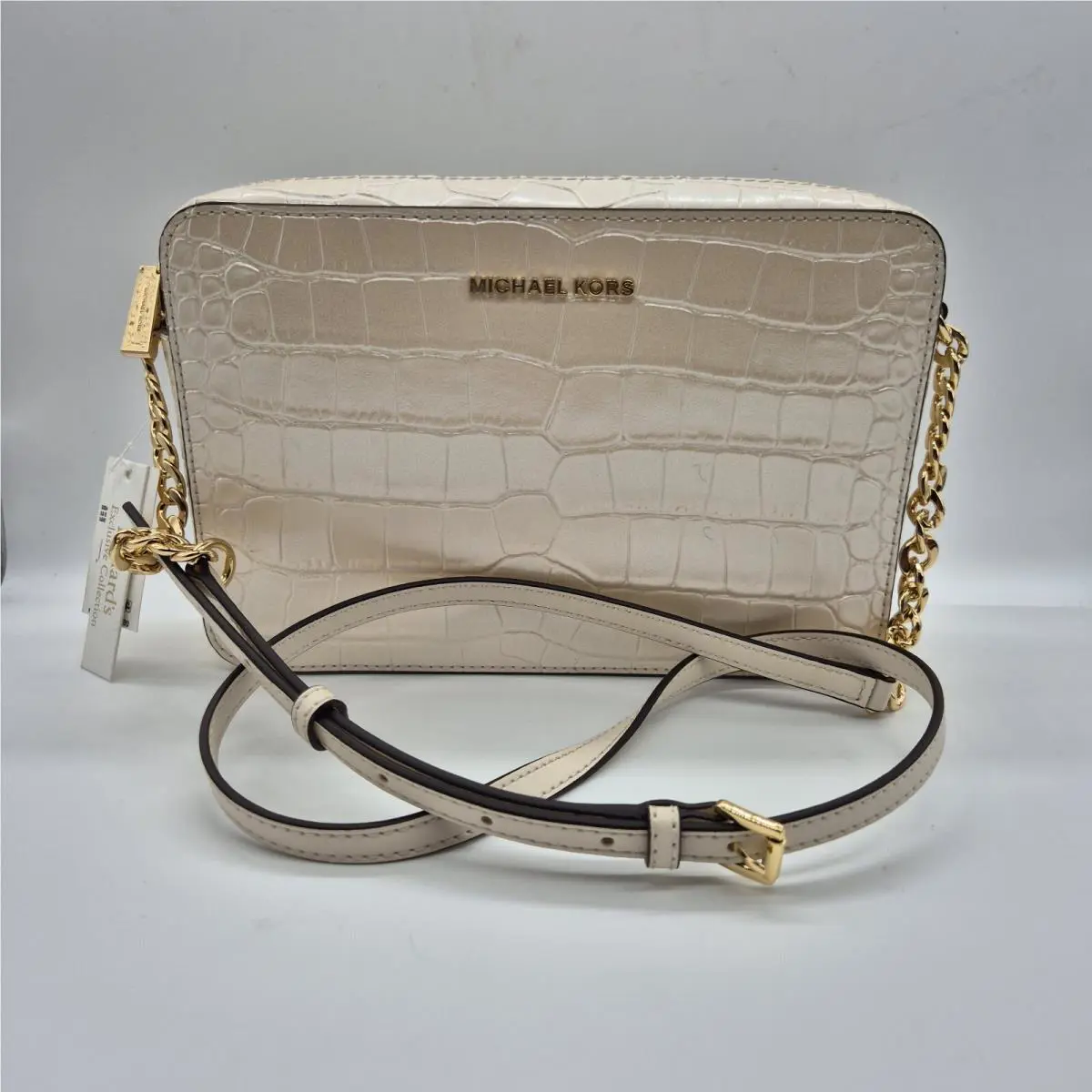 Michael Kors Crossbody Handbag Purse Jet Set Large Leather Lt Cream Metallic