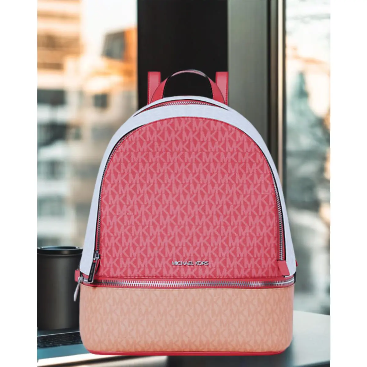Michael Kors Rhea Women Medium Color-block Signature Logo Backpack Bag Hibiscus