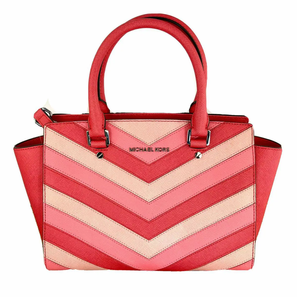 Selma Saffiano Leather Medium Chevron Top Zip Satchel Coral by Michael Kors