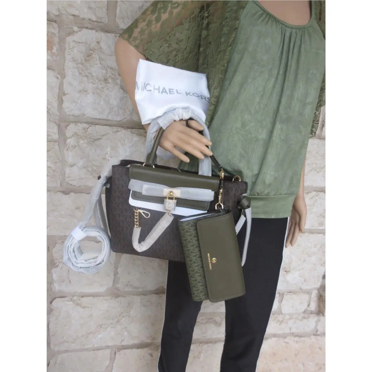 Michael Kors Hamilton Legacy SM Logo Belted Satchel Brown/olive + Wristlet Olive