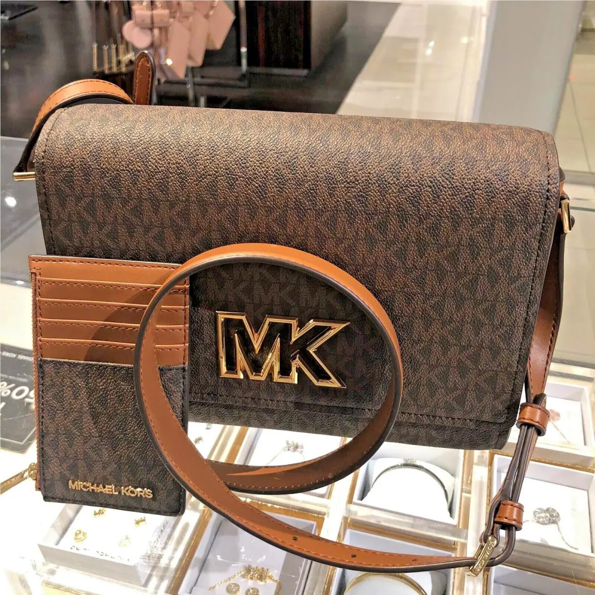 Michael Kors Mimi Medium Flap Pvc Leather Shoulder Handbag + Wallet - Brown