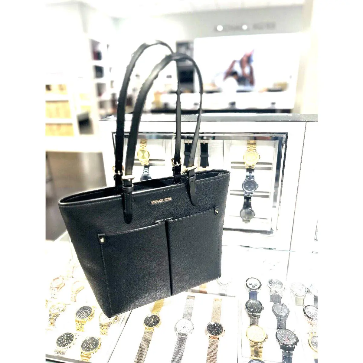 Michael Kors Jet Set Medium Black Vegan Leather Tote Bag Handbag Purse Shoulder