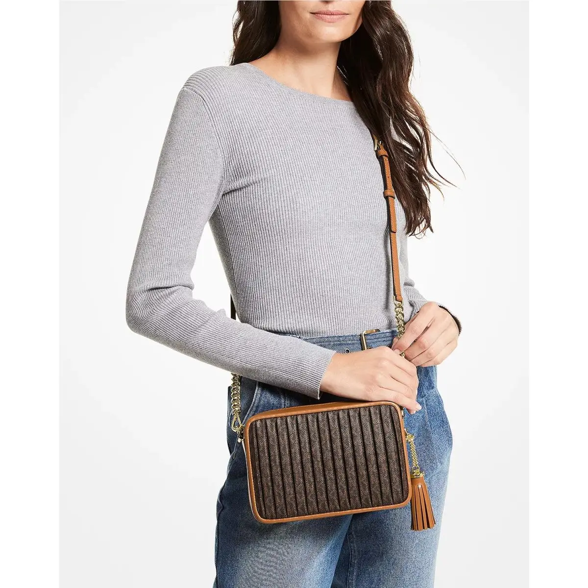 Michael Kors Jet Set Charm Medium Camera Signature Crossbody Bag Brown Acorn