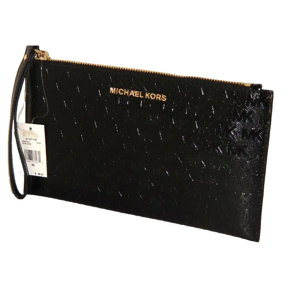 Michael Kors Womens Jet Set MK Signature LG Clutch Wrist-let Wallet Black Patent