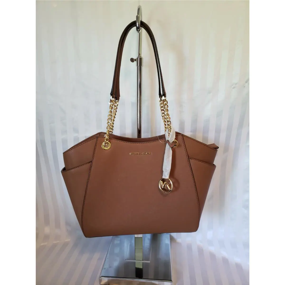 Michael Kors Jet Set Travel Large Saffiano Leather Chain Logo Charm Tote Bag