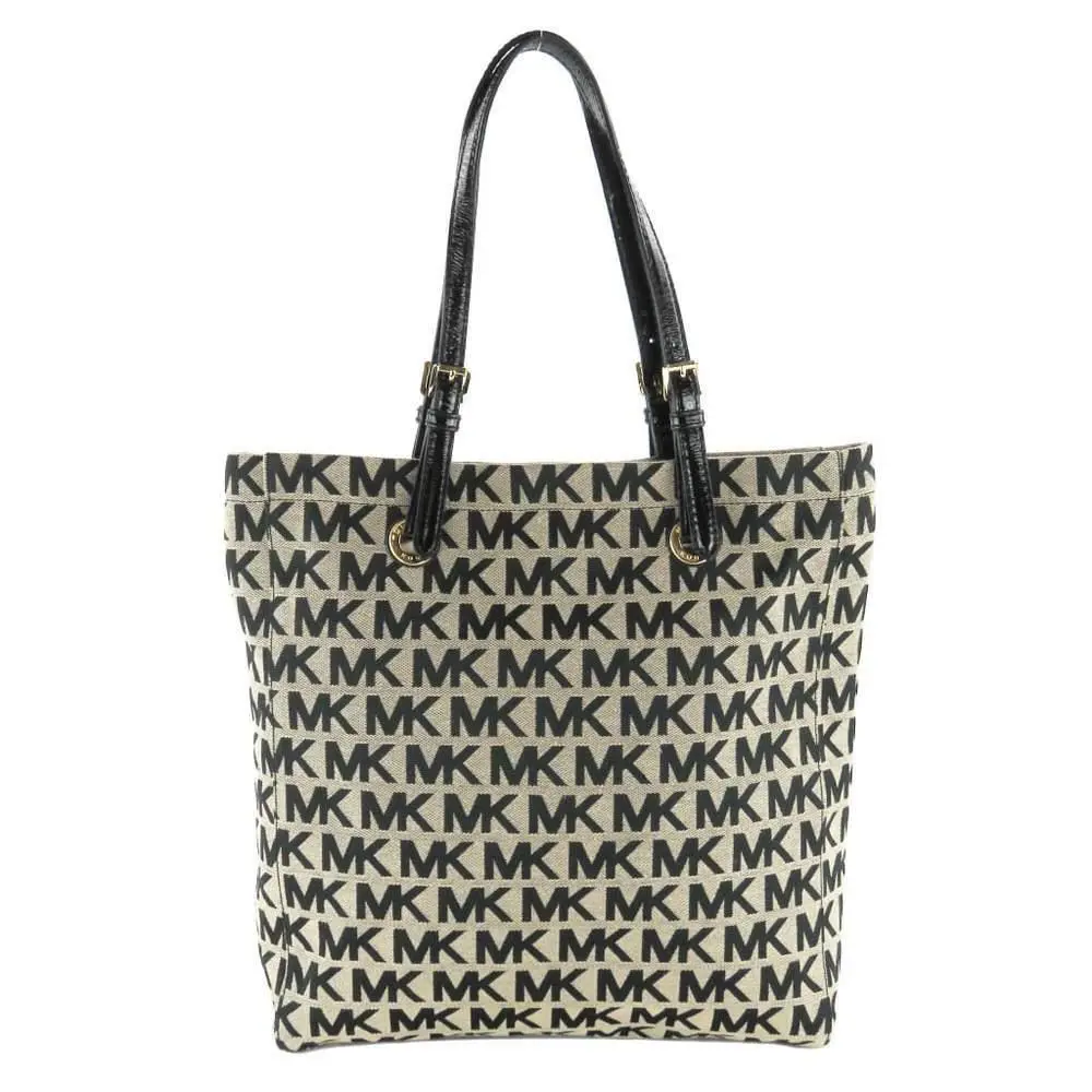Michael Kors Items Beige Black Canvas Logo Gold Belt Buckle NS Tote Bag