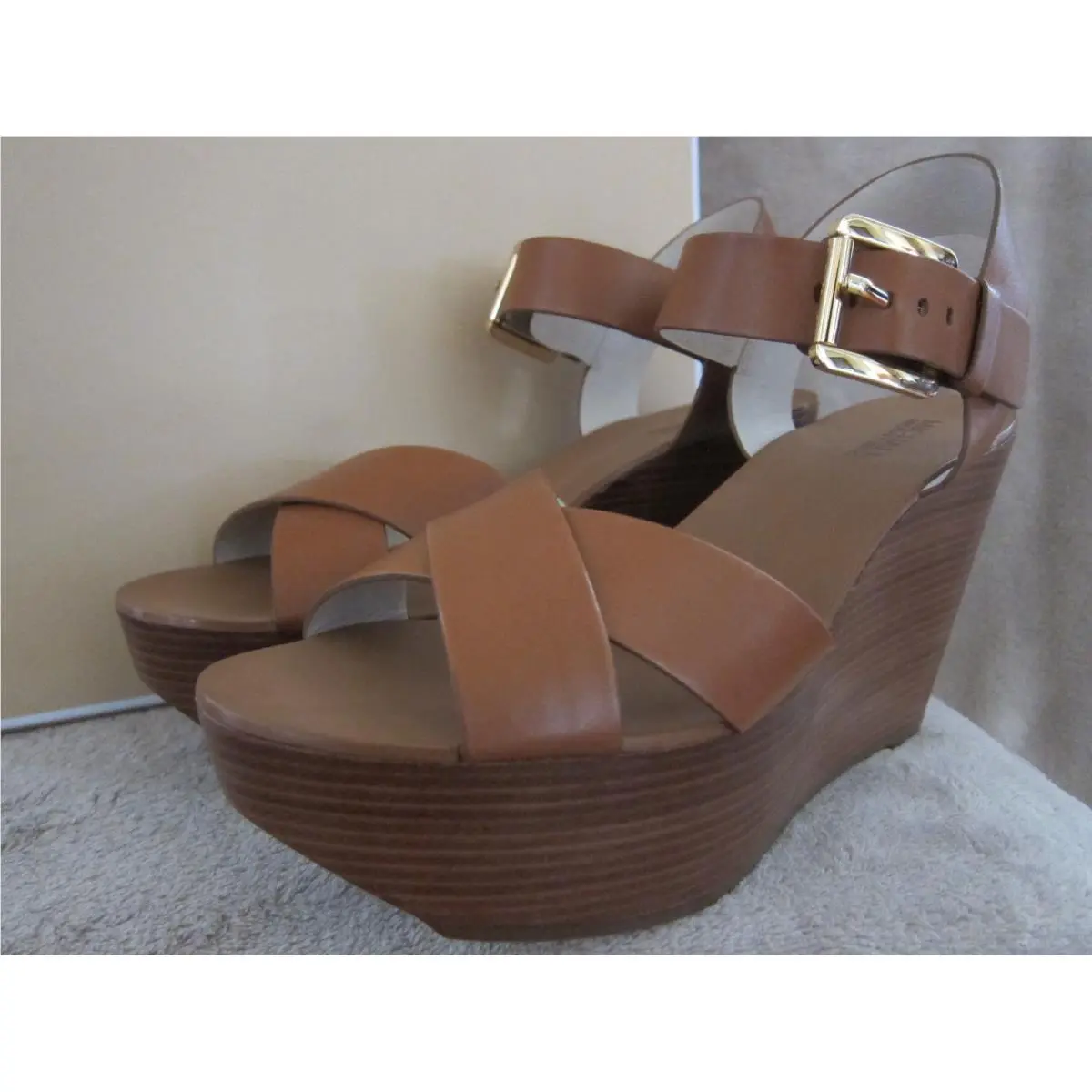 Michael Kors Peggy Luggage Brown Leather Platform Wedge Heels Shoes Size 9 M