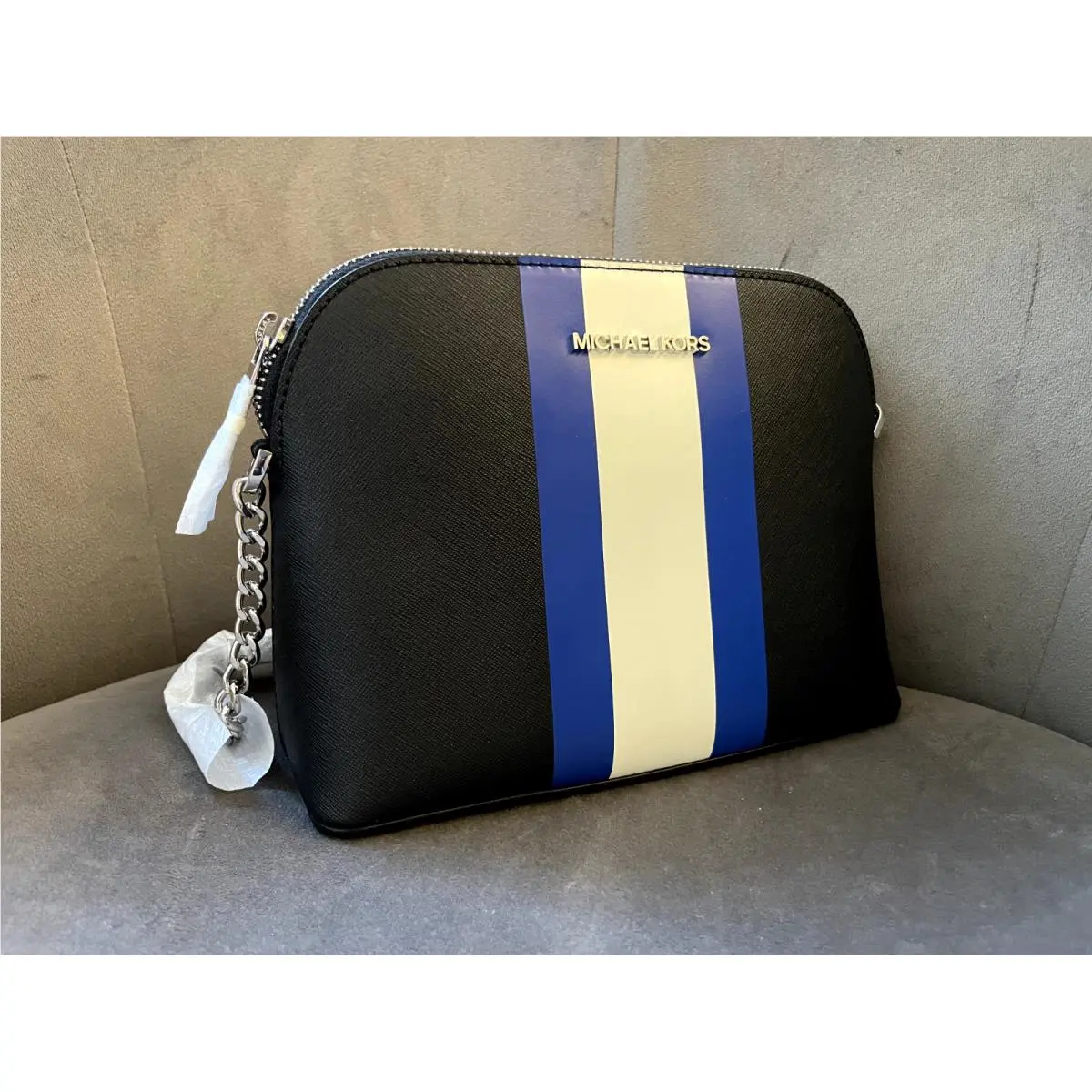 Michael Kors Cindy Center Stripe Dome Saffiano Crossbody Bag Black Blue White