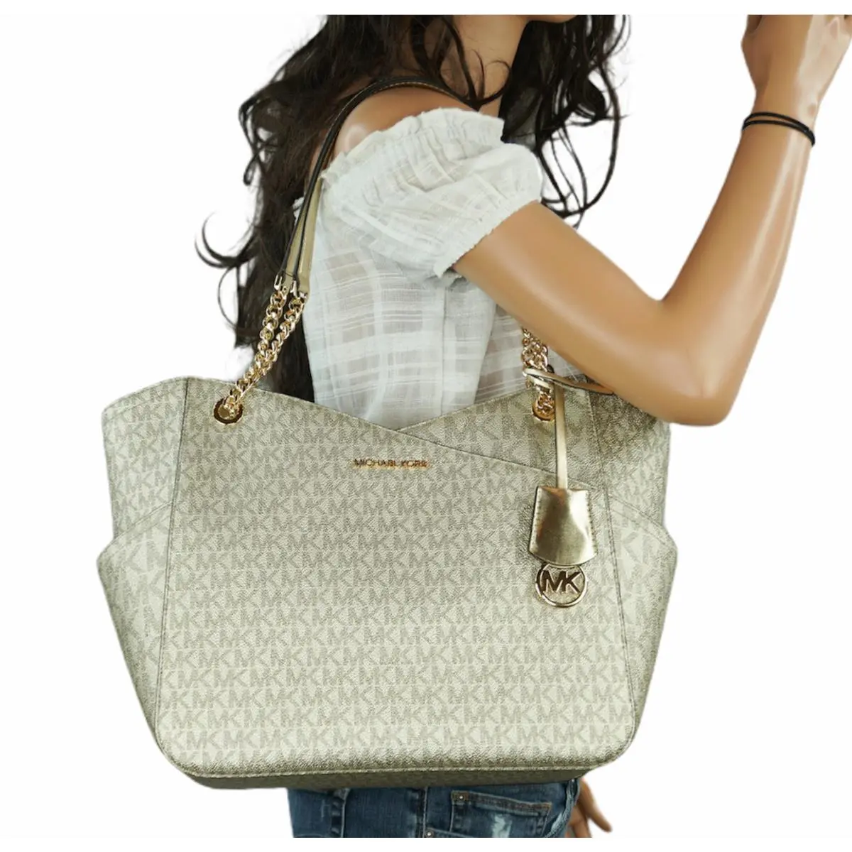 Jet Set Travel Large Chain Shoulder Tote Bag MK Pale Gold by Michael Kors