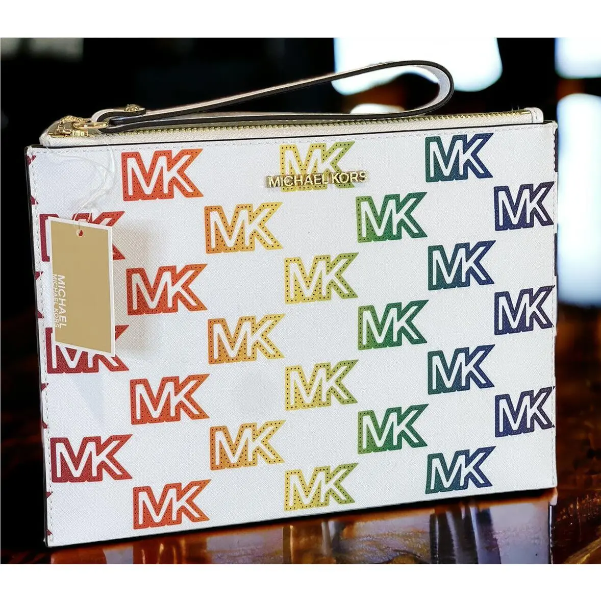 Newmichael Kors Jet Set XL Travel Zip Clutch White MK Rainbow Zip Wristlet Pride
