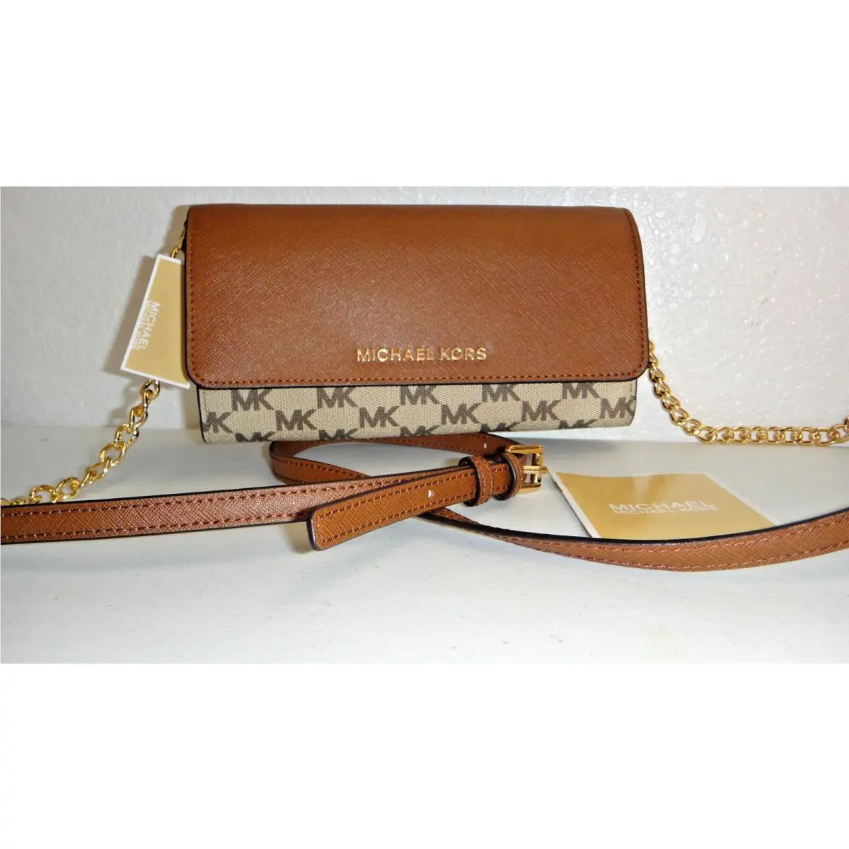 Michael Kors MK Signature Jet Set Convertible Wallet on Gold Chain Crossbody