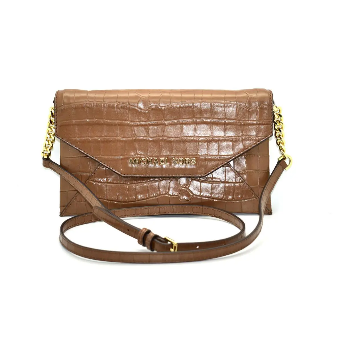 D0  Brown Croc Embossed Leather MD Envelop Clutch Bag by Michael Kors