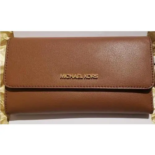 Michael Kors Jet Set Travel Large Trifold Wallet Clutch MK Brown Luggage Leather