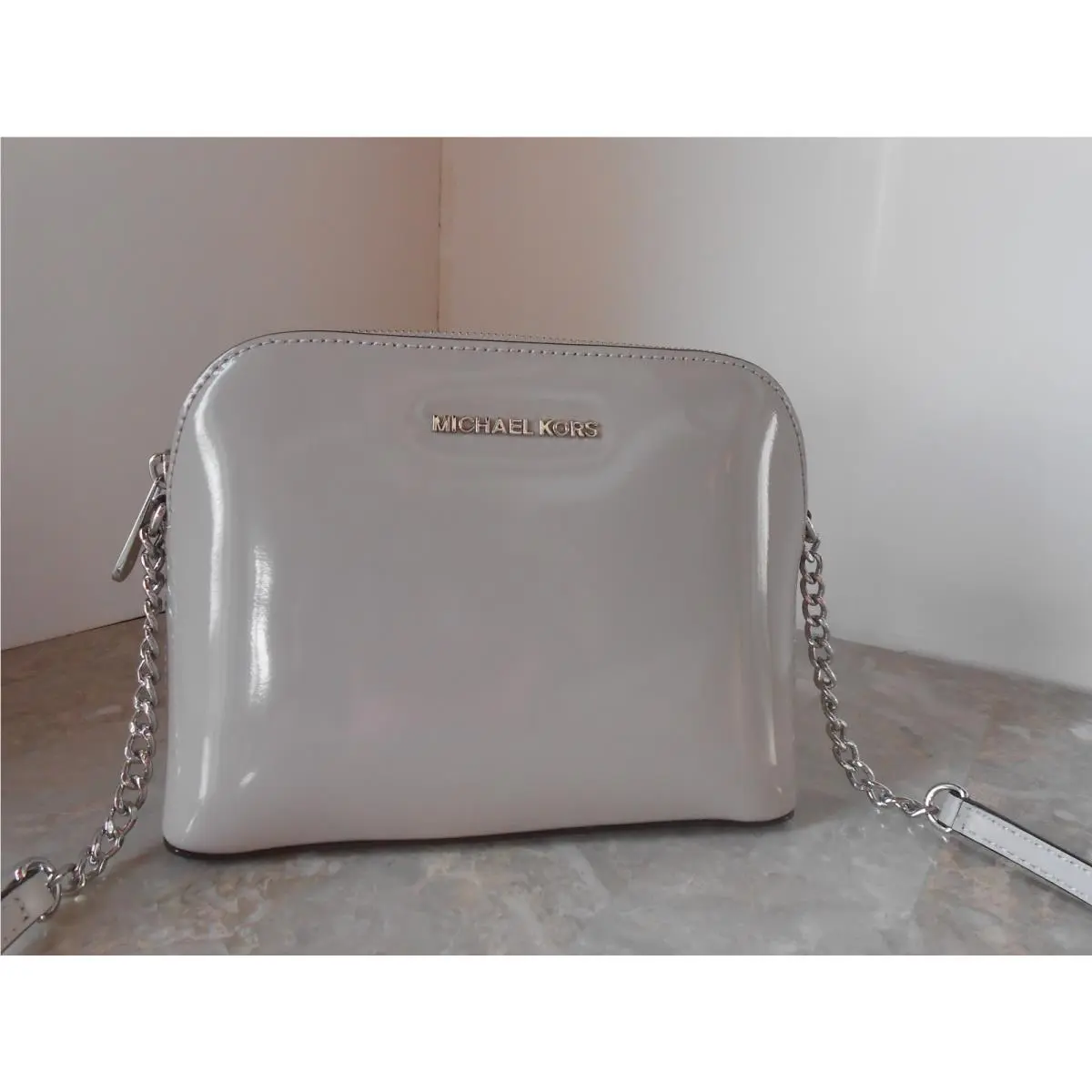 Michael Kors Cindy Large Dome Patent Leather Crossbody Dark Cement