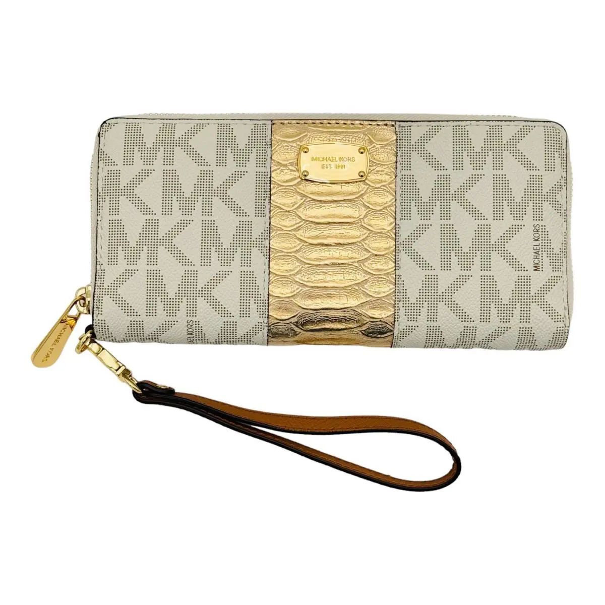 Michael Kors Center Stripe Travel Continental Zip Wallet Vanilla Gold Jetset