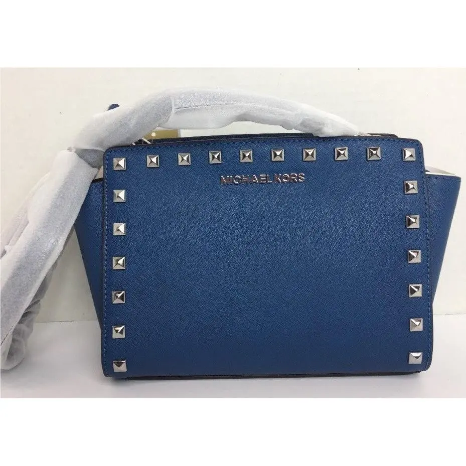 Michael Kors Selma Stud Medium Messenger Crossbody Leather Steel Blue