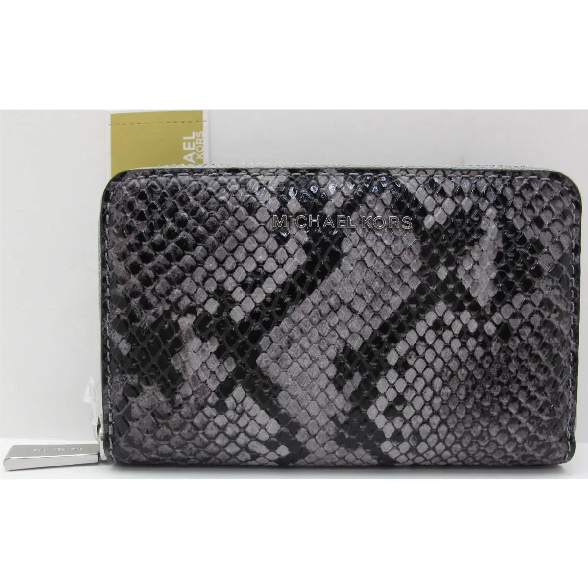 Michael Kors Jet Set Small Zip Around Card Case Embossed Leather Quarry Grey