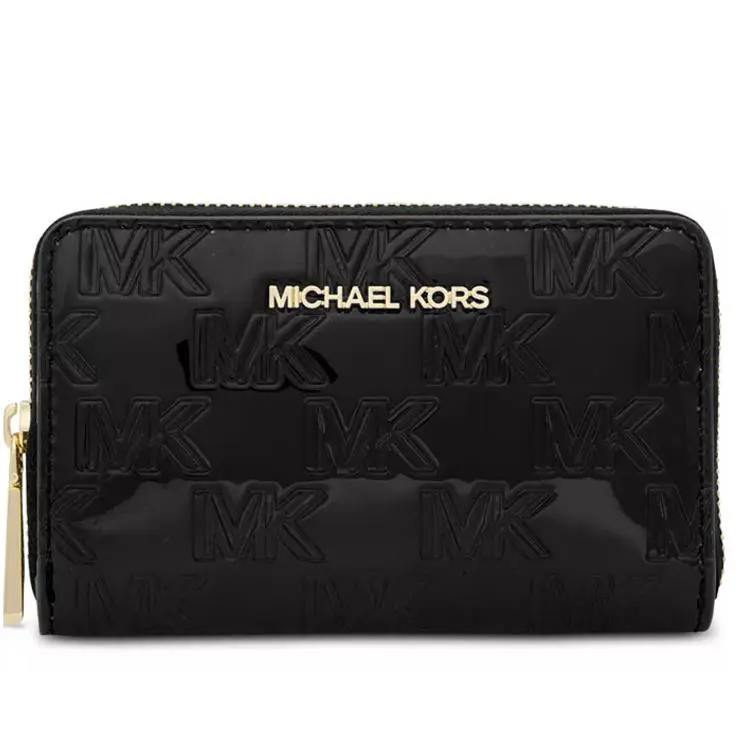 W Tags Box Michael Kors Small Shiny Black Gold Card Case Wallet Zip Around