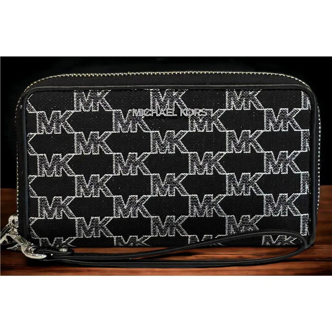 WT Michael Kors Jet Set Large MF Zip Phone Case Wallet Wristlet Black Silver