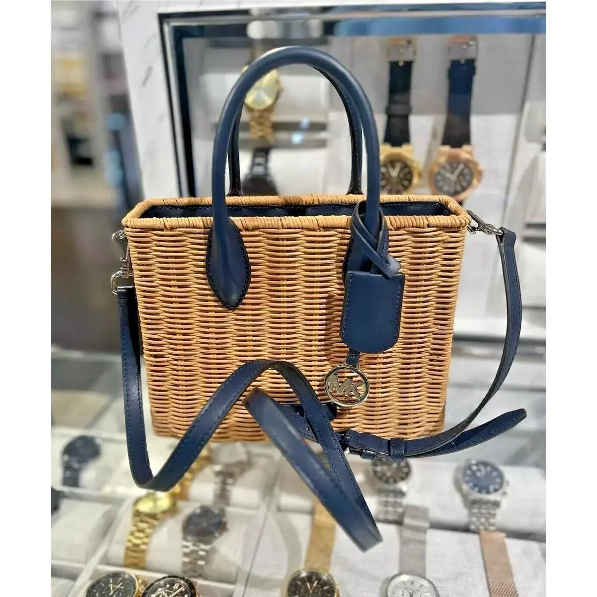 Michael Kors Mirella Small Shopper Crossbody Tote Bag Straw Block Handbag