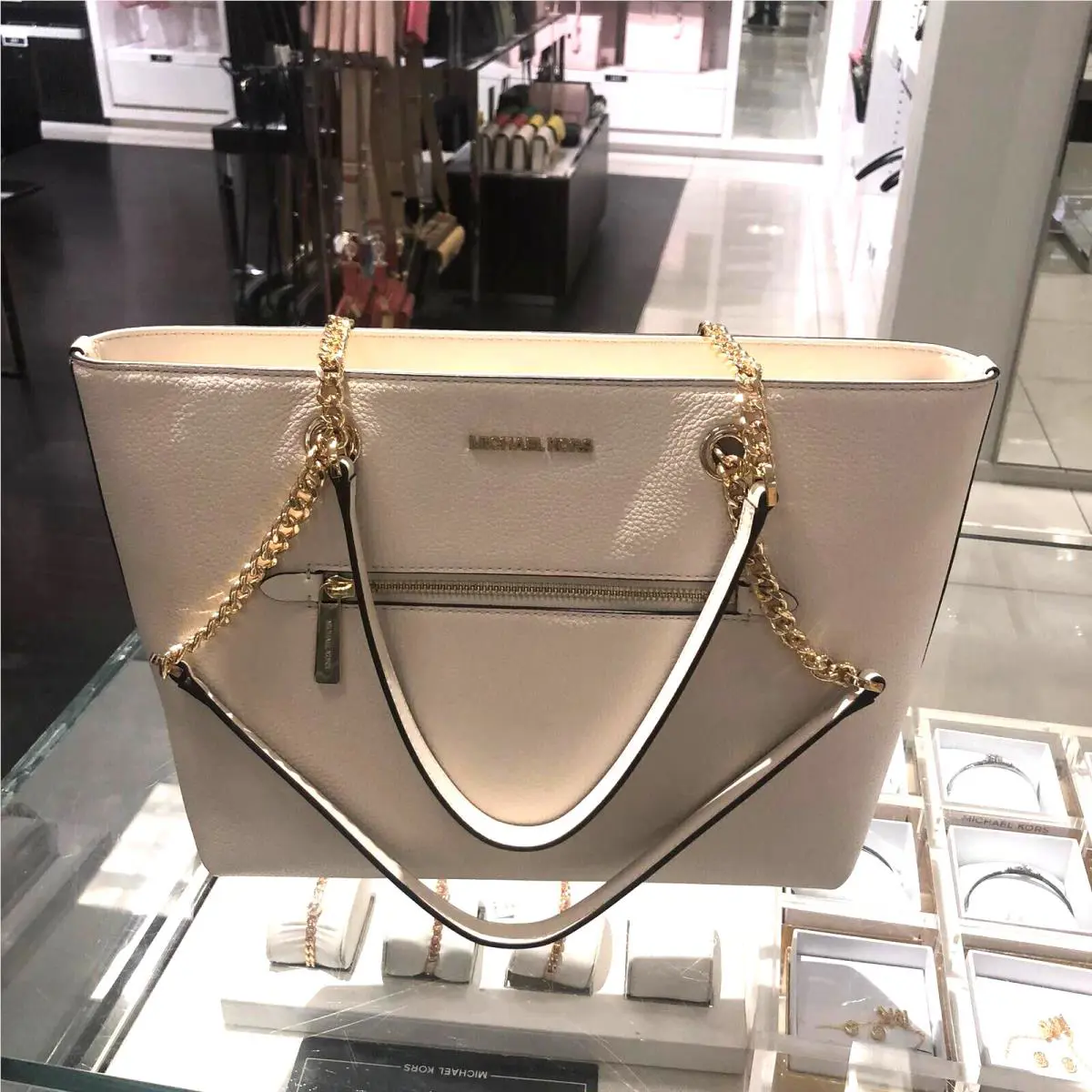 Michael Kors Medium Fashion Leather Tote Handbag Purse Shoulder Bag Light Cream