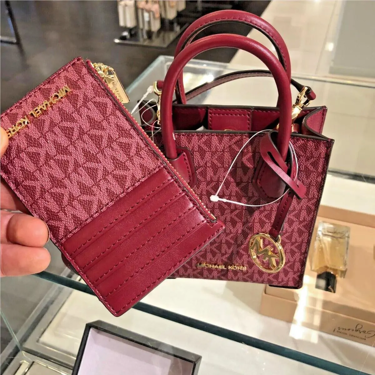 Michael Kors Mercer XS Mini MK Signature Leather Crossbody Bag Purse + ID Wallet