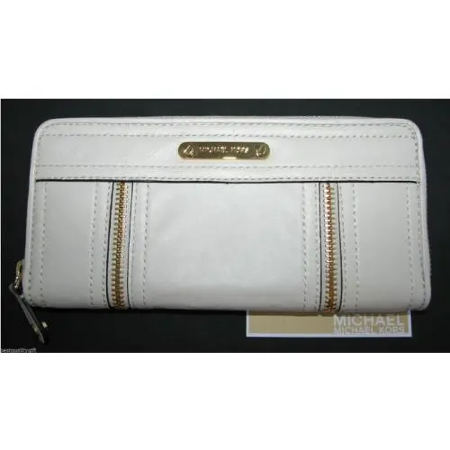 Michael Kors Moxley Vanilla Off White Leather+gold Zip Around Clutch Wallet