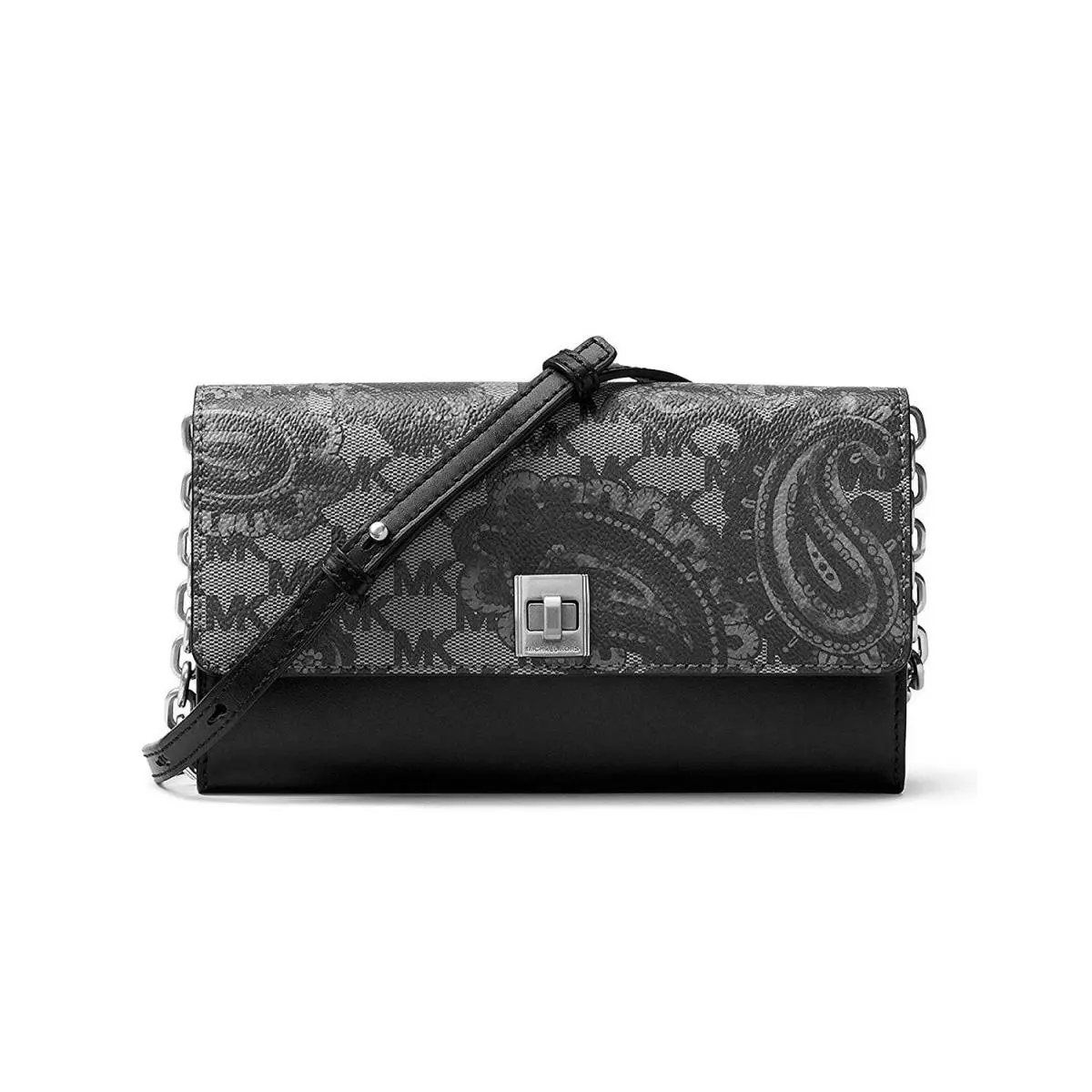 Michael Kors Studio Paisley Natalie XL Chain Black Wallet Clutch Crossbody