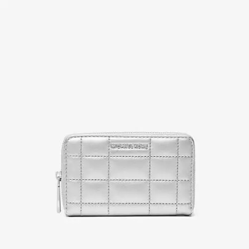 Michael Kors Small Metallic Silver Quilted Leather Wallet Coin Purse Wristlet