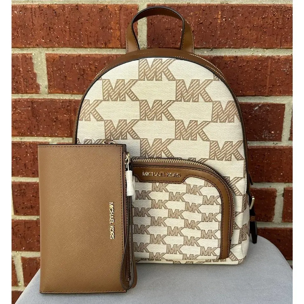Michael Kors Jaycee Medium Backpack Zip Pocket Bag MK Beige Brown Logo Wallet
