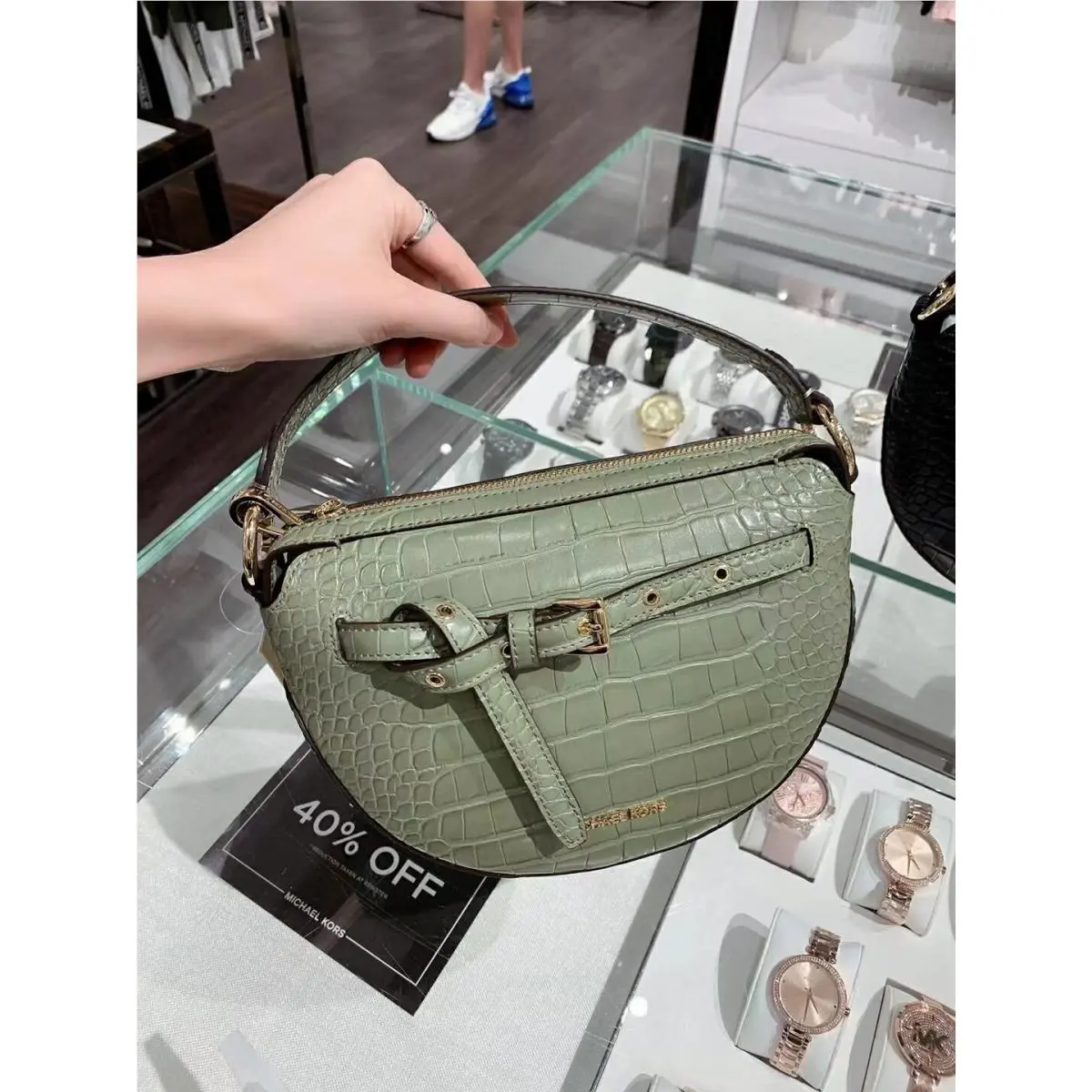 Michael Kors Emilia Half Moon Crossbody Bag Leather Army Green