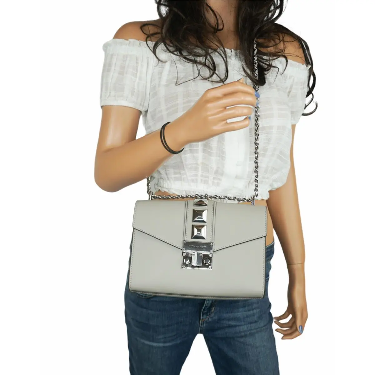 Michael Kors Rose Medium Flap Shoulder Leather Bag Pearl Grey/silver Studs