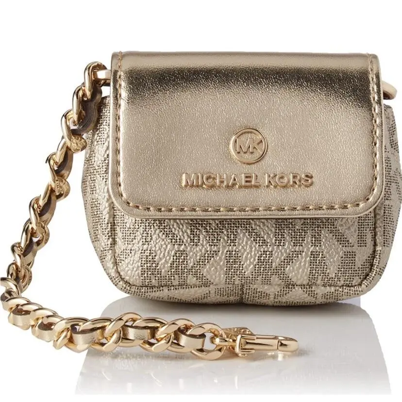 Michael Kors MK Beige Jet Gold Charm Metallic Logo Apple Airpod Pro Case Bag