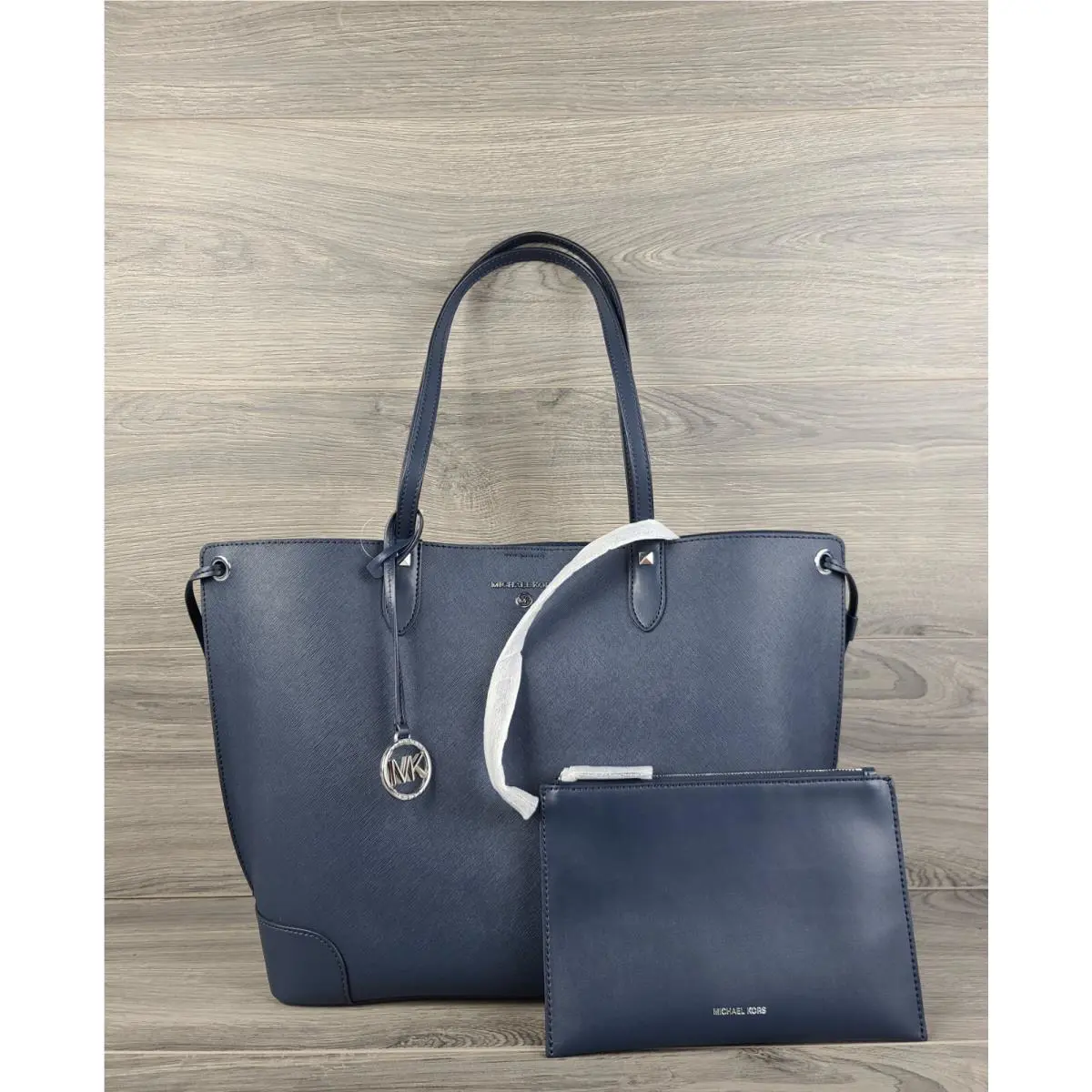 Michael Kors Tote Edith Large Leather Open Handbag w Detachable Wristlet Navy
