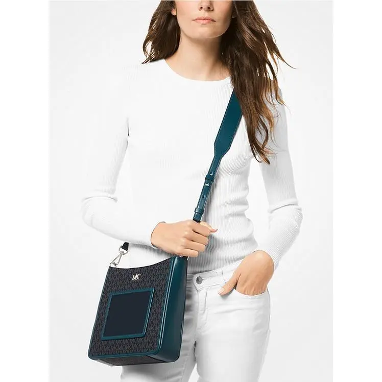 Michael Kors Gloria Logo and Leather Swing-pack/messenger Admiral Navy Blue Teal