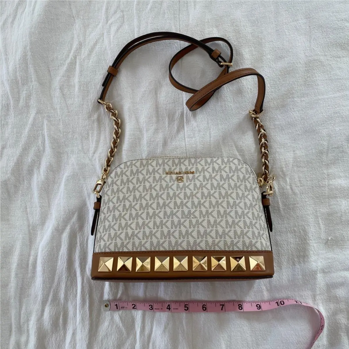 Michael Kors Crossbody Bag Cream Gold Jet Set Charm Purse Vanilla Acorn Studded