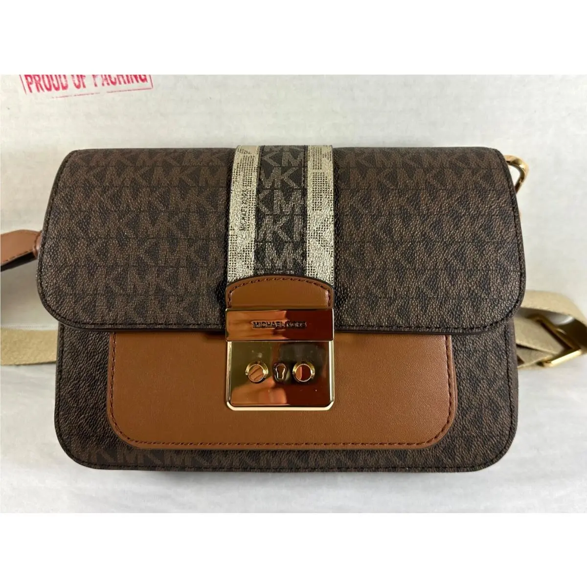 Michael Kors Sloan Editor Brown MK Medium Flap Center Stripe Messenger Bag