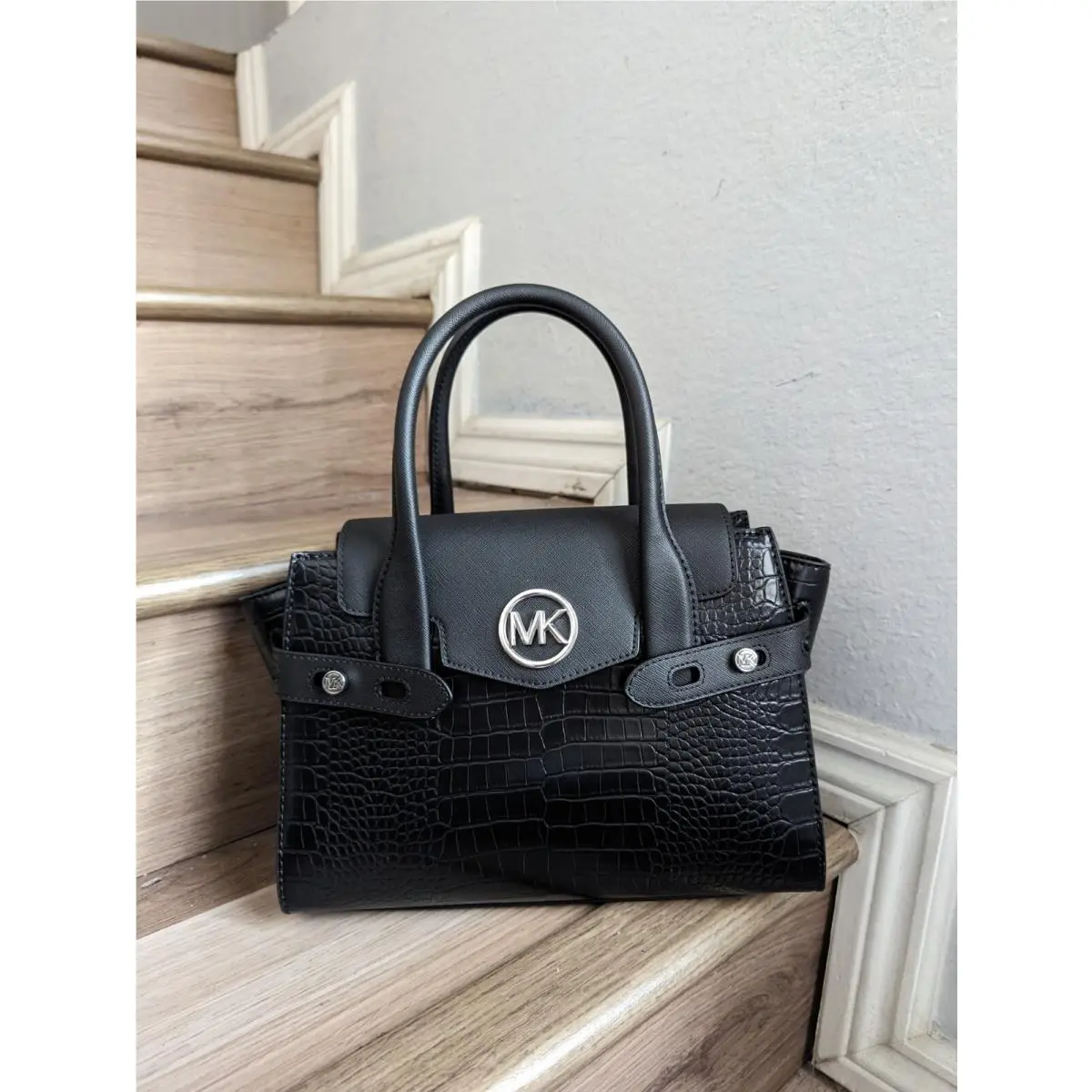 Michael Kors Carmen Medium Crocodile Embossed Belted Satchel Black/silver